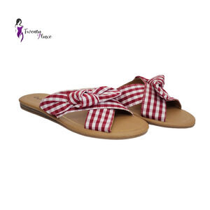 Qupid Striped Slip-On Flat Sandals with Bow Size 7